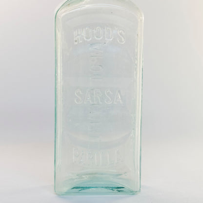 HOOD'S SARSAPARILLA APOTHECARIES Aqua Glass Bottle Lowell Massachusetts Circa 1878 - 1922