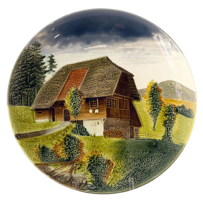 Majolica Style Hand Painted Schwarzwald 13" DECORATOR PLATE Black Forest House Circa 1950s