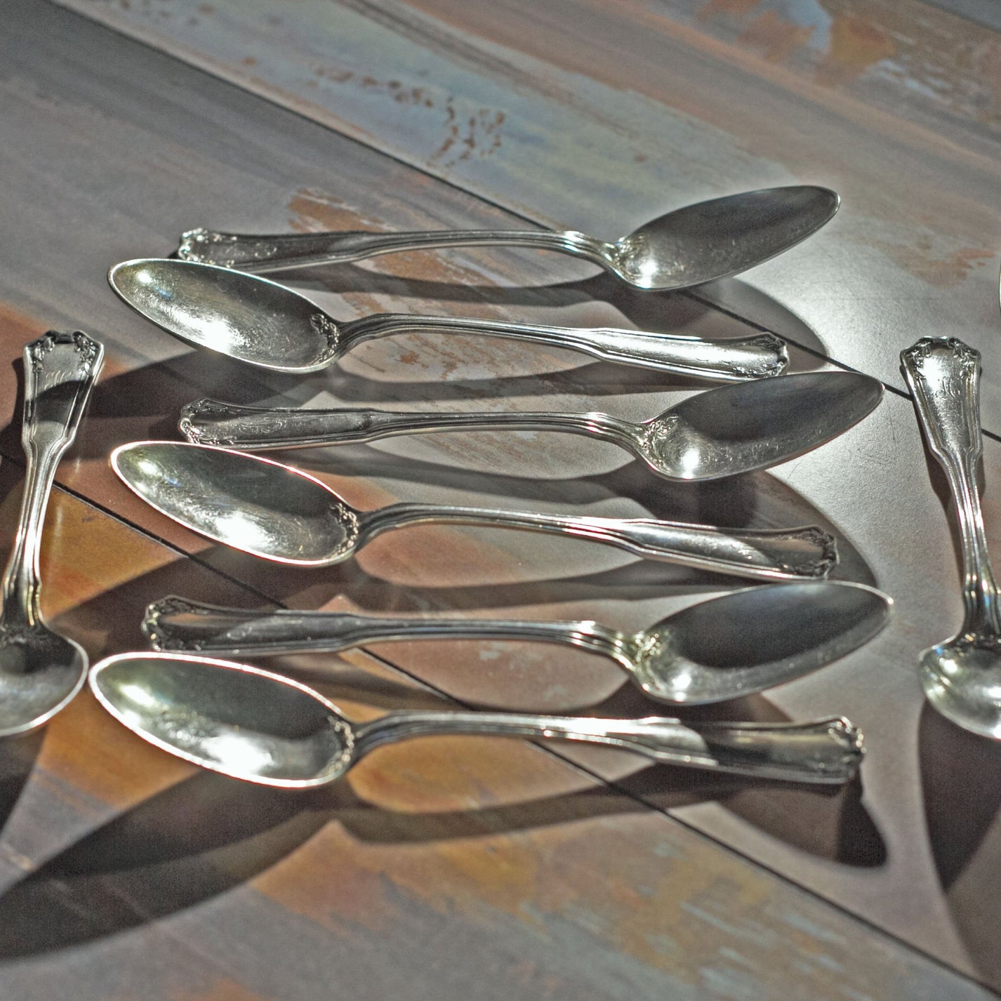 1835 R Wallace SILVER PLATE TEASPOONS in 1910 Laurel Pattern Set of 10