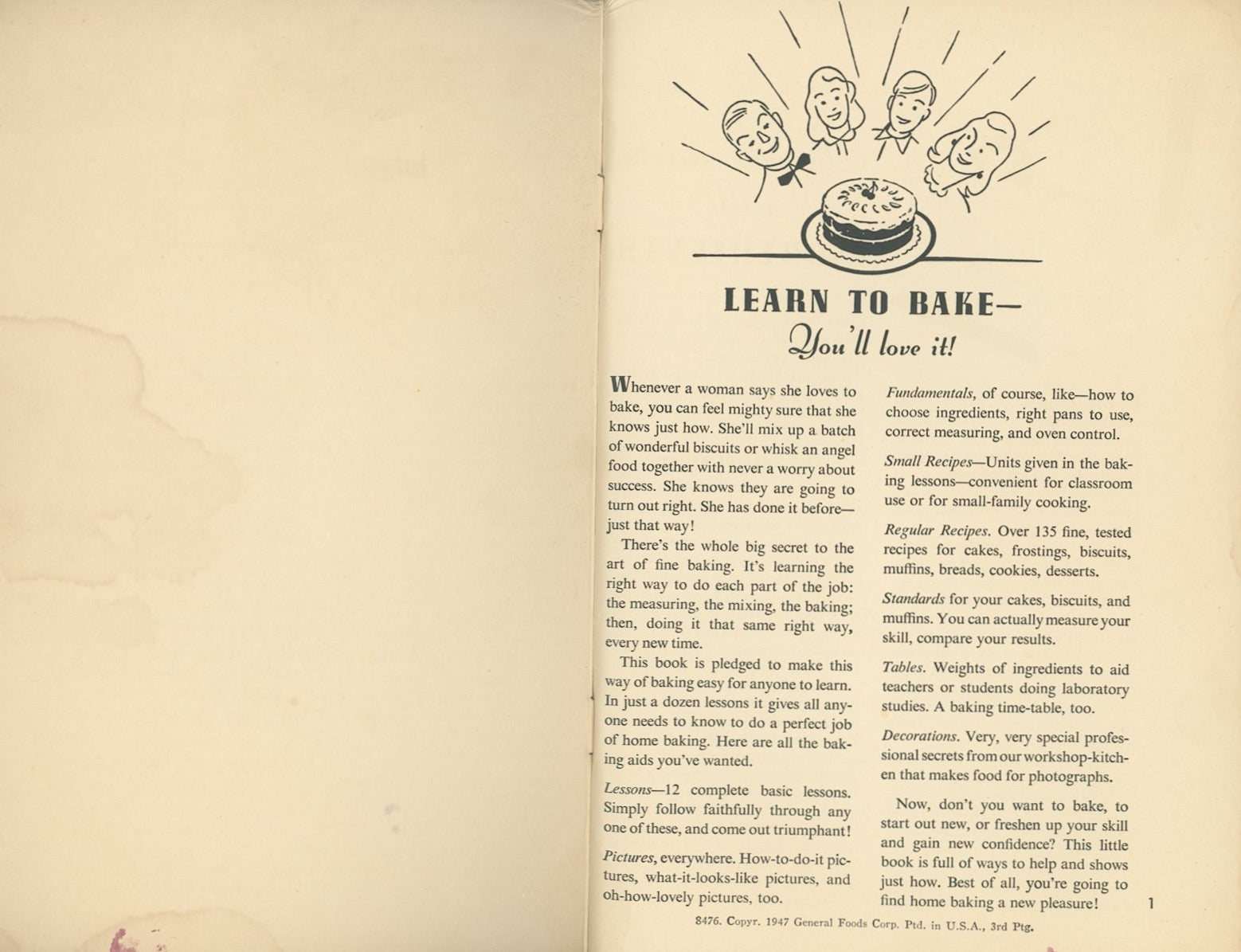 LEARN TO BAKE...YOU'LL LOVE IT Vintage Recipe Booklet Circa 1947