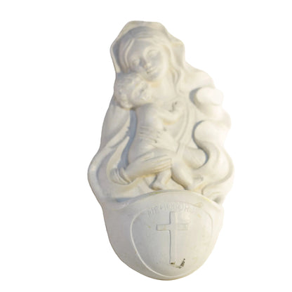Vintage White Chalkware or Plaster MADONNA AND CHILD HOLY WATER FONT