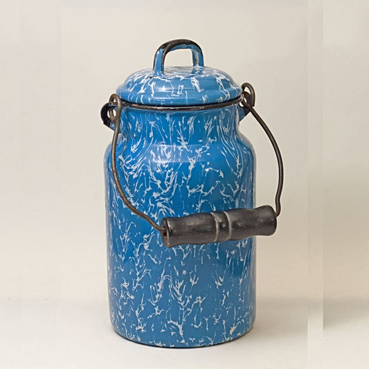 GRANITEWARE CREAM PAIL with Lid Blue and White Swirl Circa 1880 - 1920