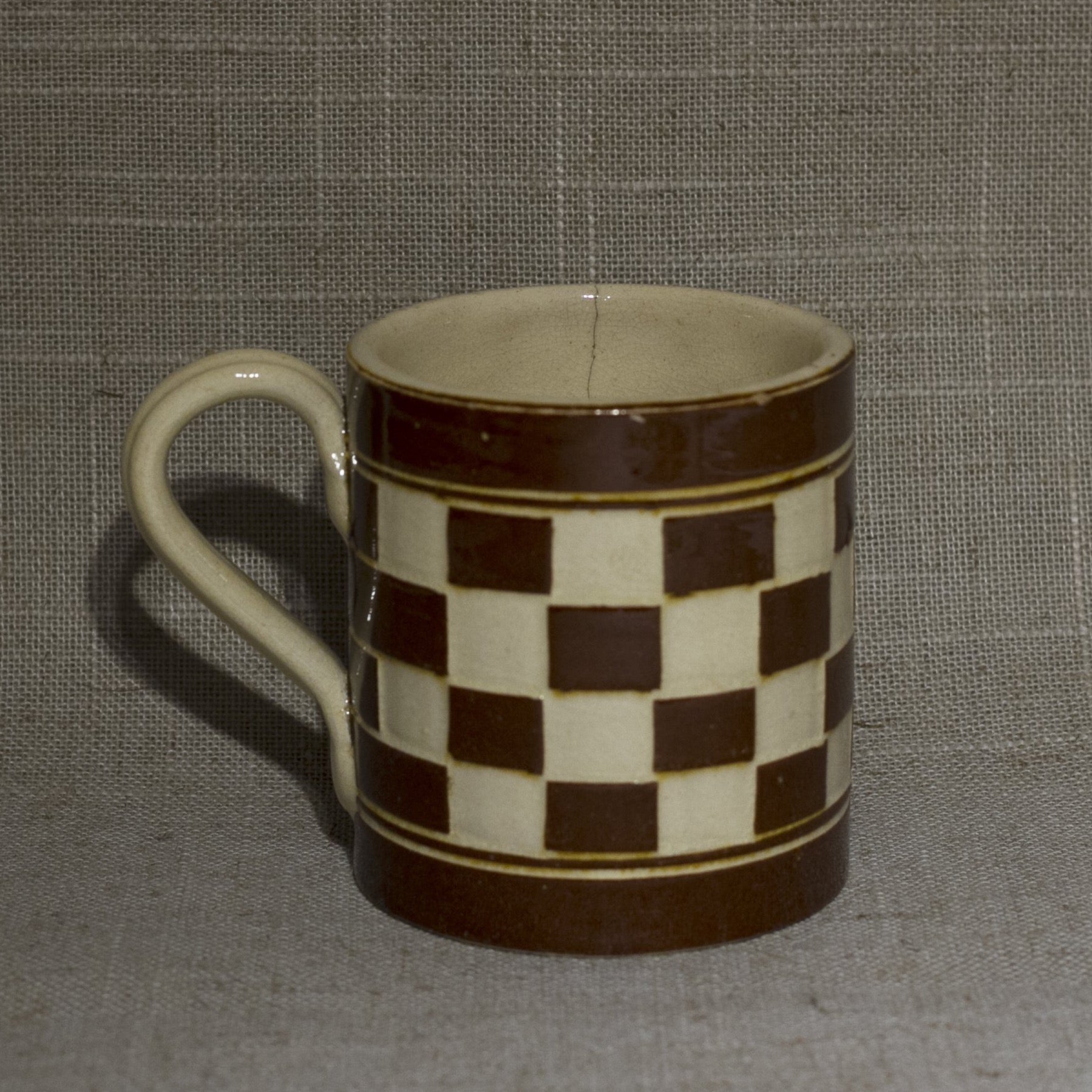 Antique MOCHA WARE Mug Checkerboard Pattern in Ivory and Chocolate Brown Marked AUSTRIA 00 Circa Early 19th Century