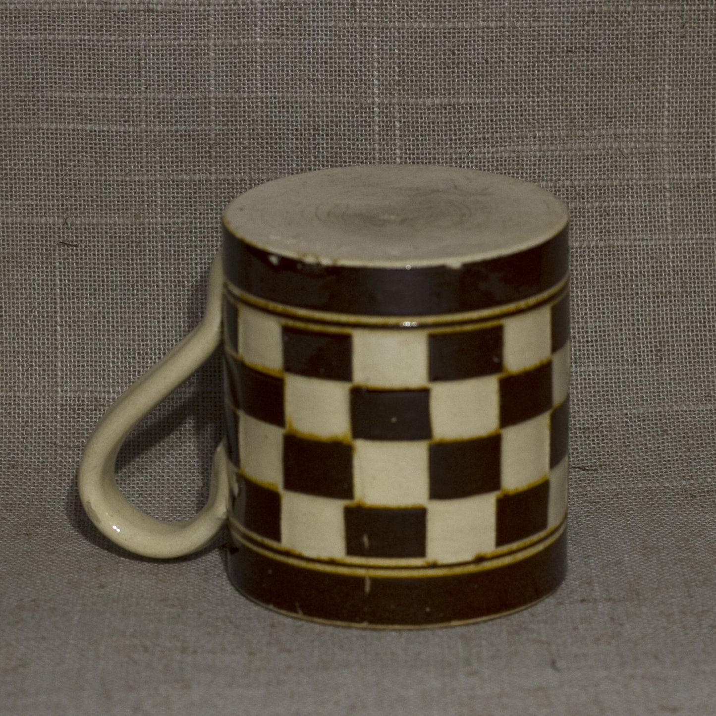Antique MOCHA WARE Mug Checkerboard Pattern in Ivory and Chocolate Brown Marked AUSTRIA 00 Circa Early 19th Century