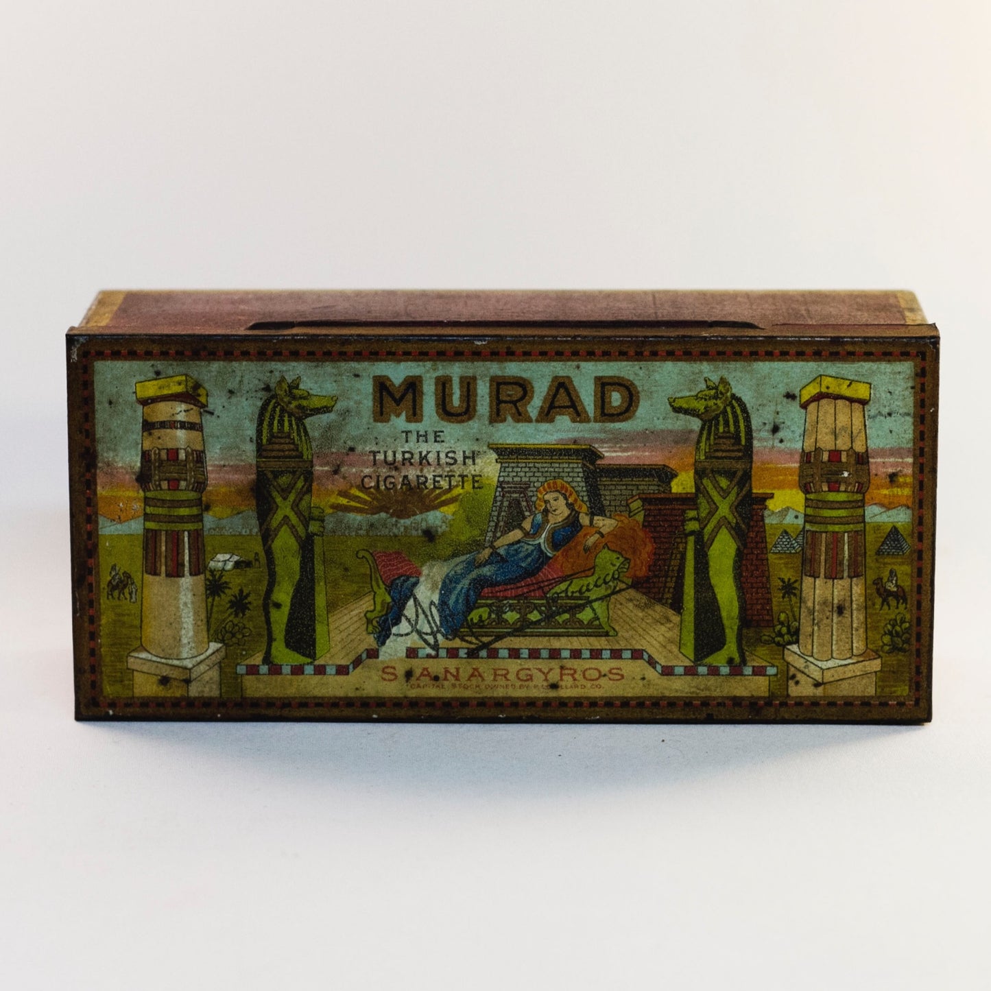 MURAD THE TURKISH CIGARETTE TIN Early Orientalist Themed Lithograph Produced by S. Anargyros Circa Early 1900s