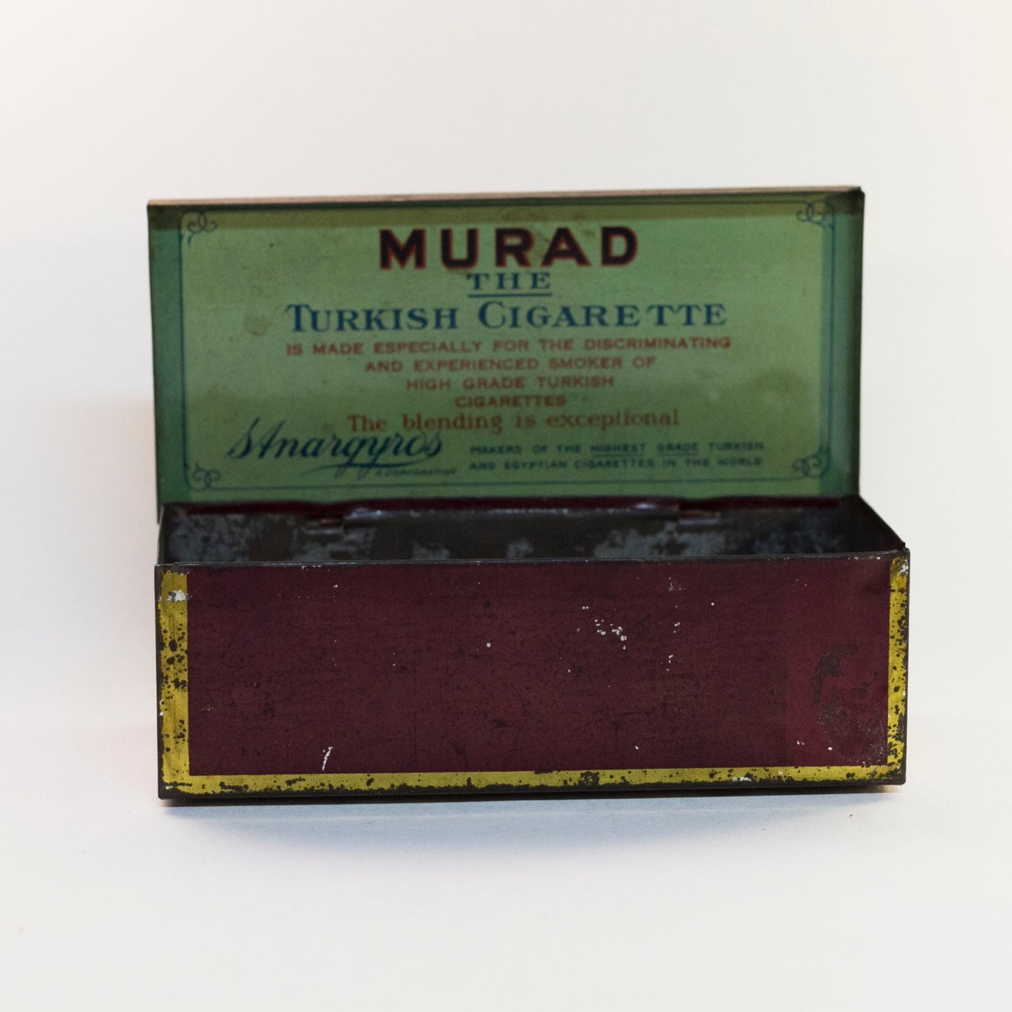 MURAD THE TURKISH CIGARETTE TIN Early Orientalist Themed Lithograph Produced by S. Anargyros Circa Early 1900s