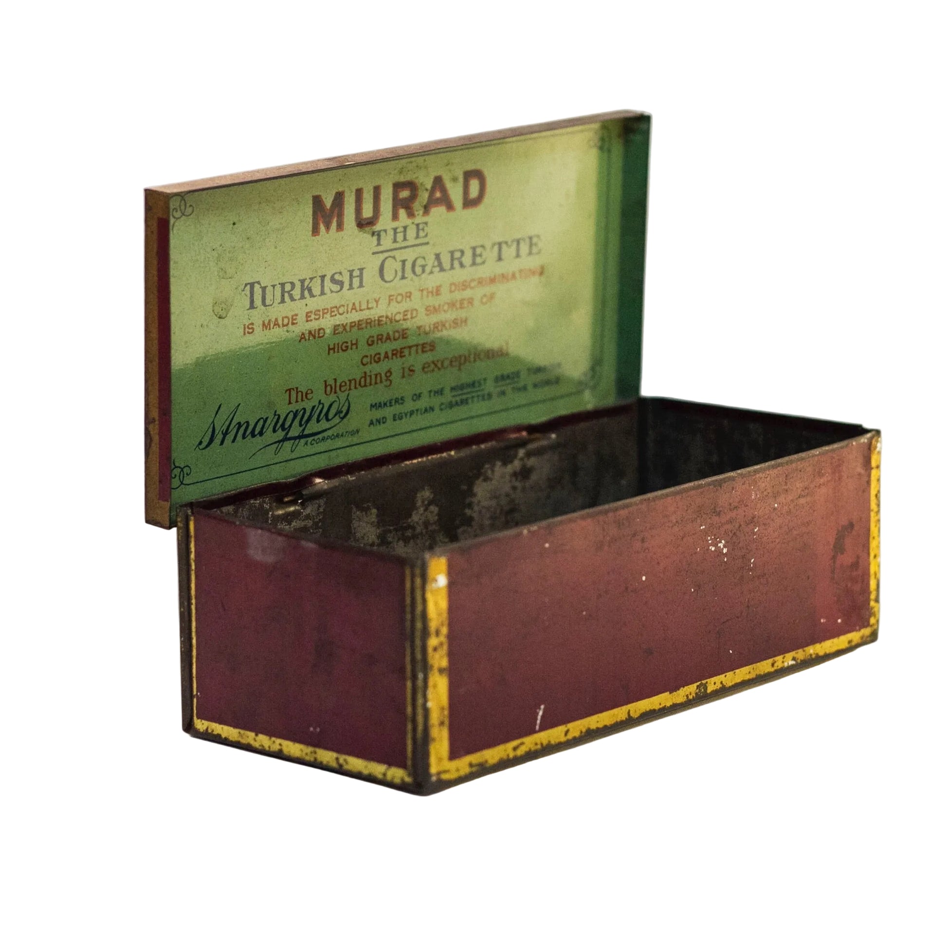 metal cigarette tin MURAD THE TURKISH CIGARETTE Tin Early Orientalist Themed Lithograph Produced by S. Anargyros Circa Early 1900s metal cigarette tin MURAD THE TURKISH CIGARETTE Tin Early Orientalist Themed Lithograph Produced by S. Anargyros Circa Early 1900s