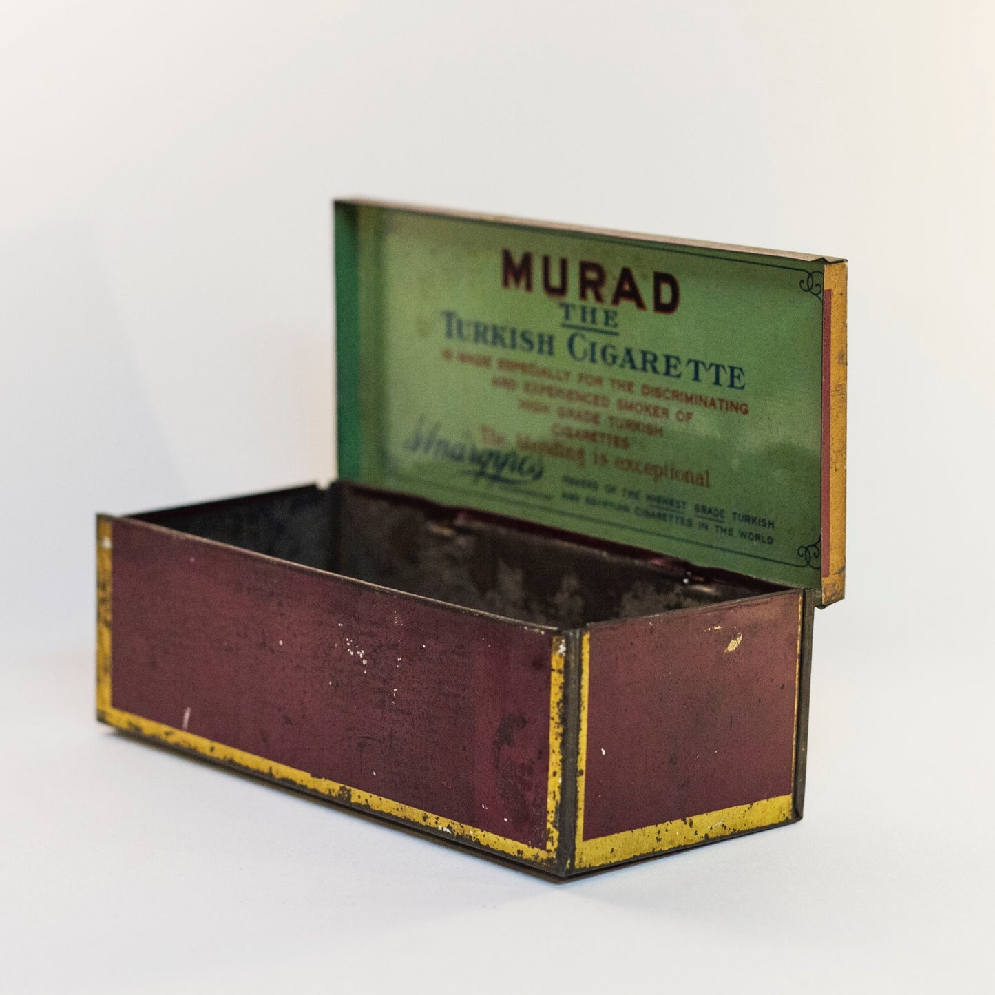 MURAD THE TURKISH CIGARETTE TIN Early Orientalist Themed Lithograph Produced by S. Anargyros Circa Early 1900s