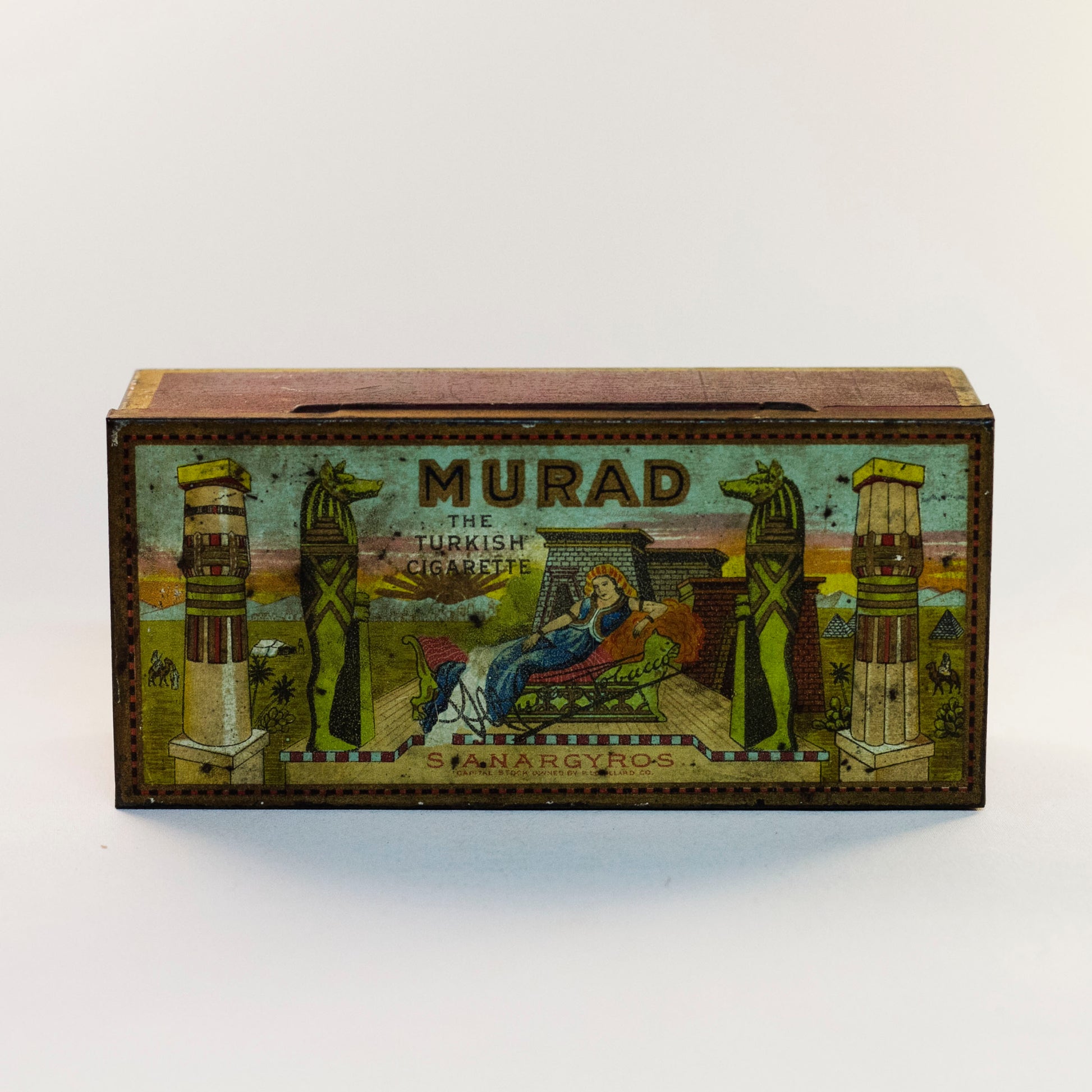 MURAD THE TURKISH CIGARETTE TIN Early Orientalist Themed Lithograph Produced by S. Anargyros Circa Early 1900s