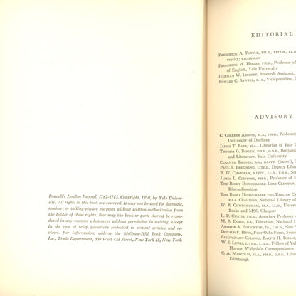 BOSWELL'S LONDON JOURNAL: 1762 - 1763 ©1950 Edited by Frederick A. Pottle First Edition