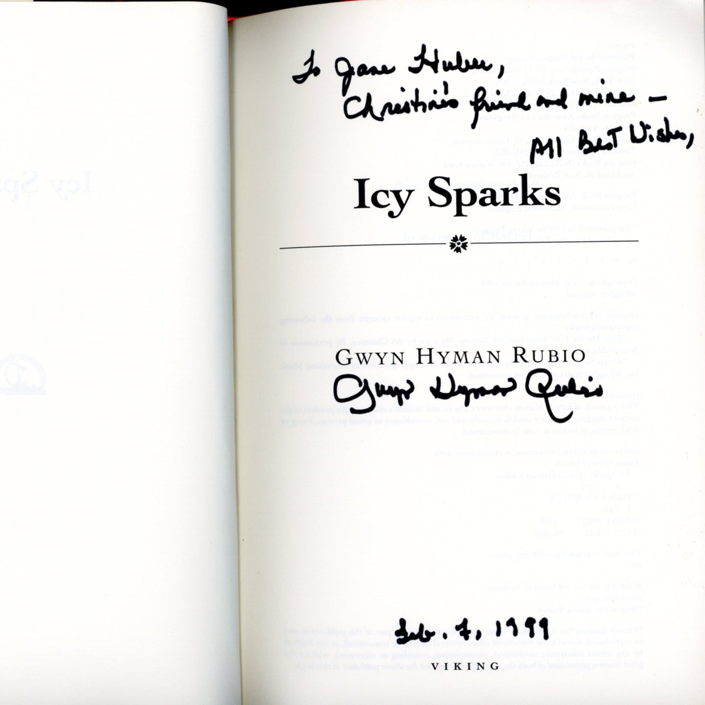 ICY SPARKS By Gwyn Hyman Rubio ©1998 First Edition Signed & Dated by Author