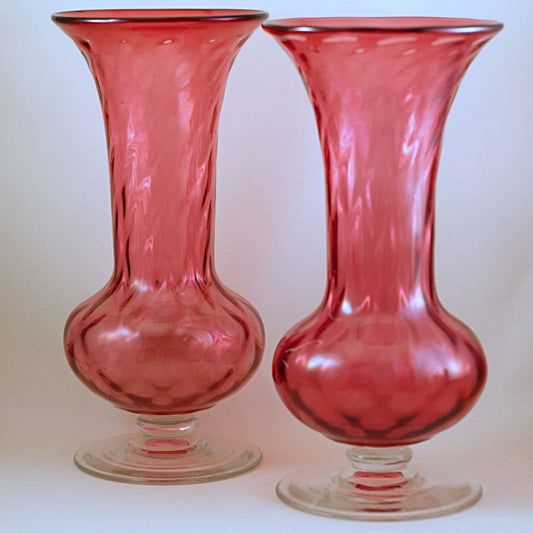PILGRIM CRANBERRY GLASS Pair of Vintage Footed Vases
