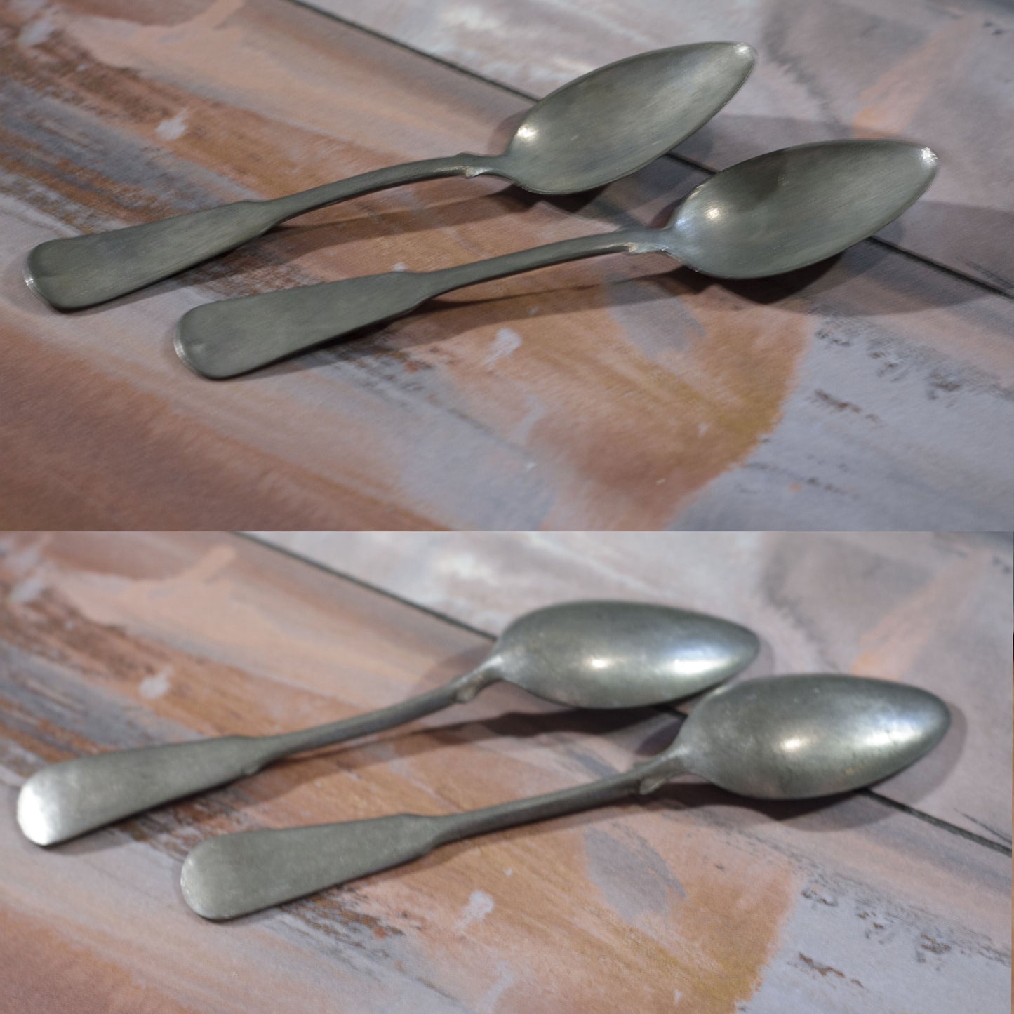 PEWTER ANTIQUE TEASPOONS Similar to Oval Thread Pattern Set of Two (2) 