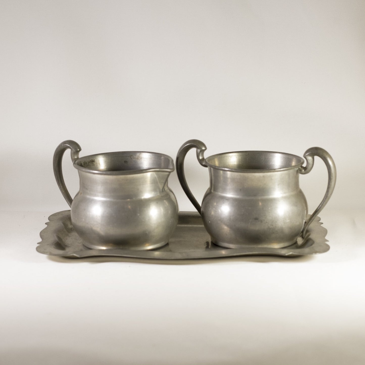 SOLID PEWTER Vintage Cream and Sugar Set with Underplate