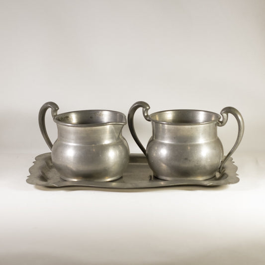 SOLID PEWTER Vintage Cream and Sugar Set with Underplate