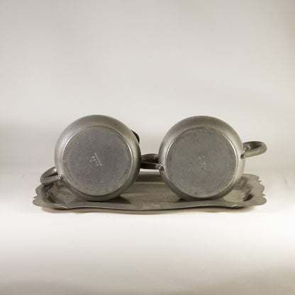 SOLID PEWTER Vintage Cream and Sugar Set with Underplate