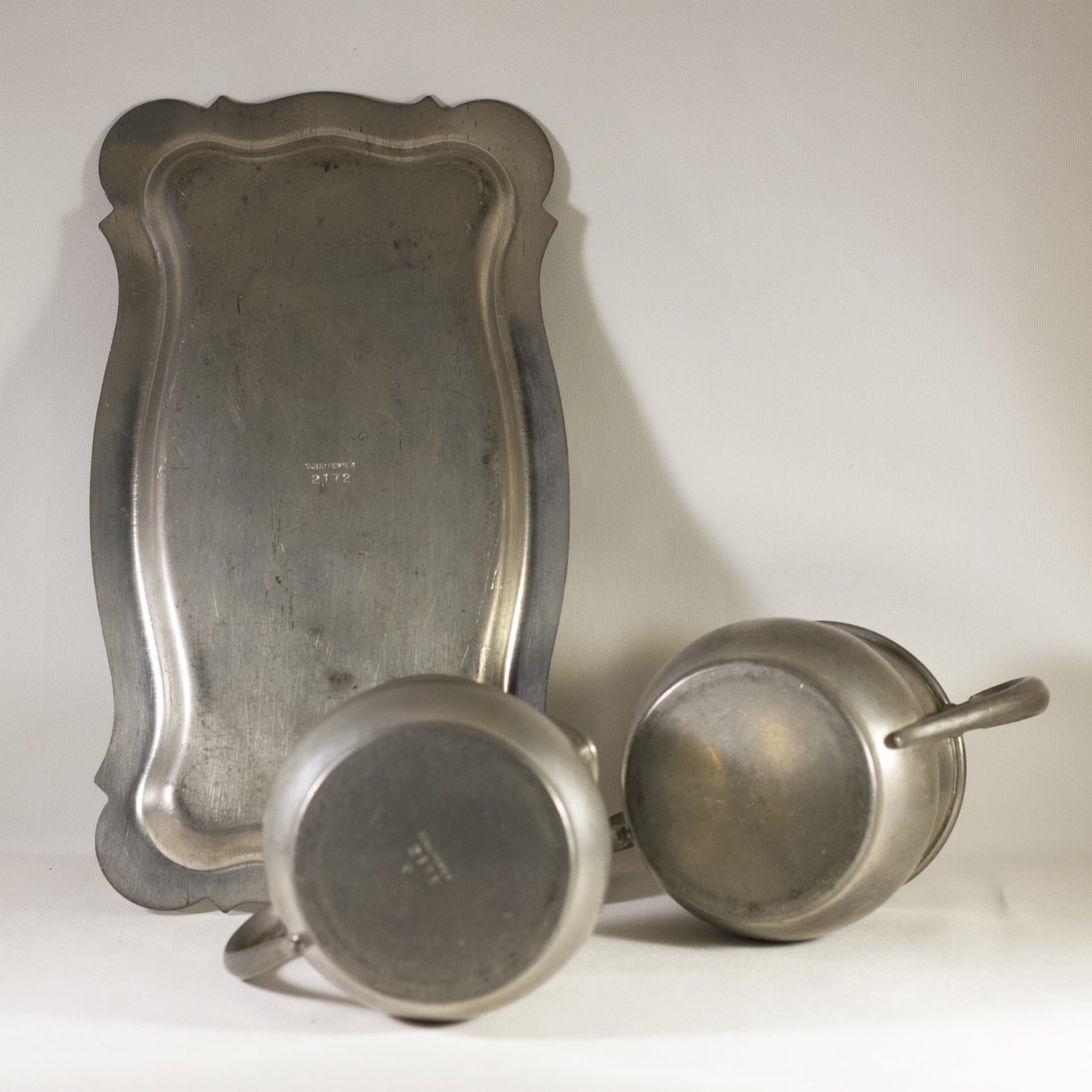 SOLID PEWTER Vintage Cream and Sugar Set with Underplate