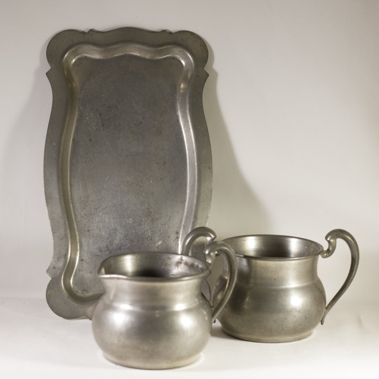 SOLID PEWTER Vintage Cream and Sugar Set with Underplate