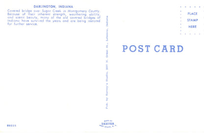 Sugar Creek Covered Bridge DARLINGTON INDIANA Vintage Postcard