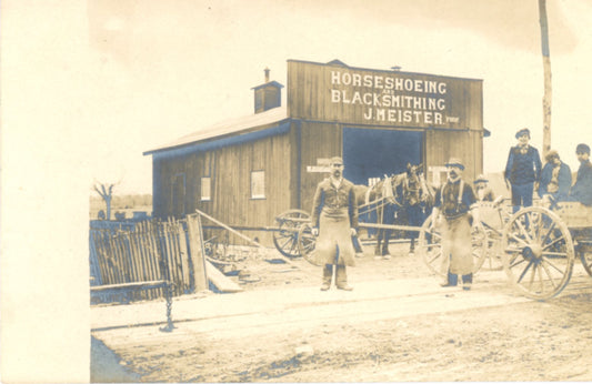 Horseshoeing Blacksmithing Shop J. MEISTER PROPRIETOR Antique Real Photo Postcard Circa 1910