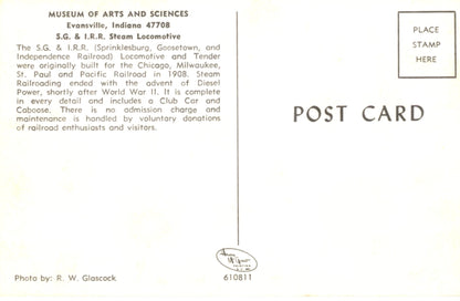 Railroad Steam Locomotive Museum of Arts and Sciences EVANSVILLE INDIANA Vintage Postcard