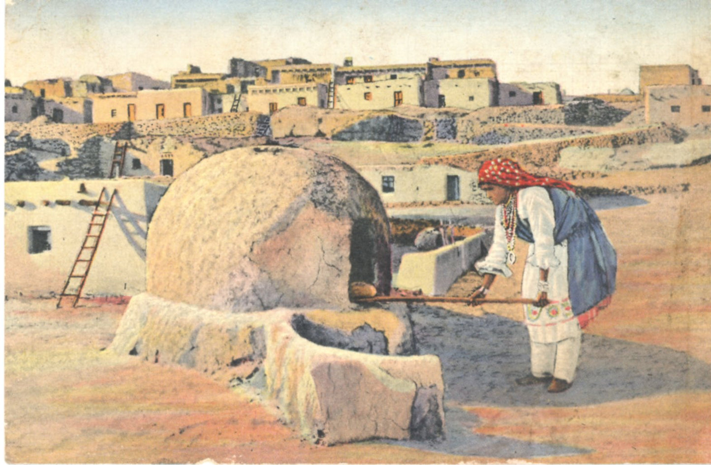 Pueblo Indian Woman Baking Bread CAMERON ARIZONA Vintage Linen Postcard 1937