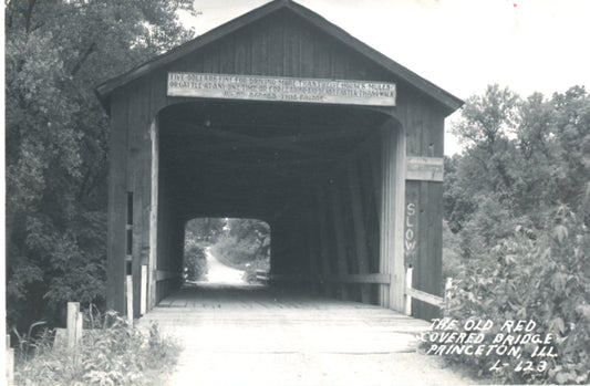 The Old Red Covered Bridge PRINCETON, ILLINOIS Vintage Real Photo Postcard