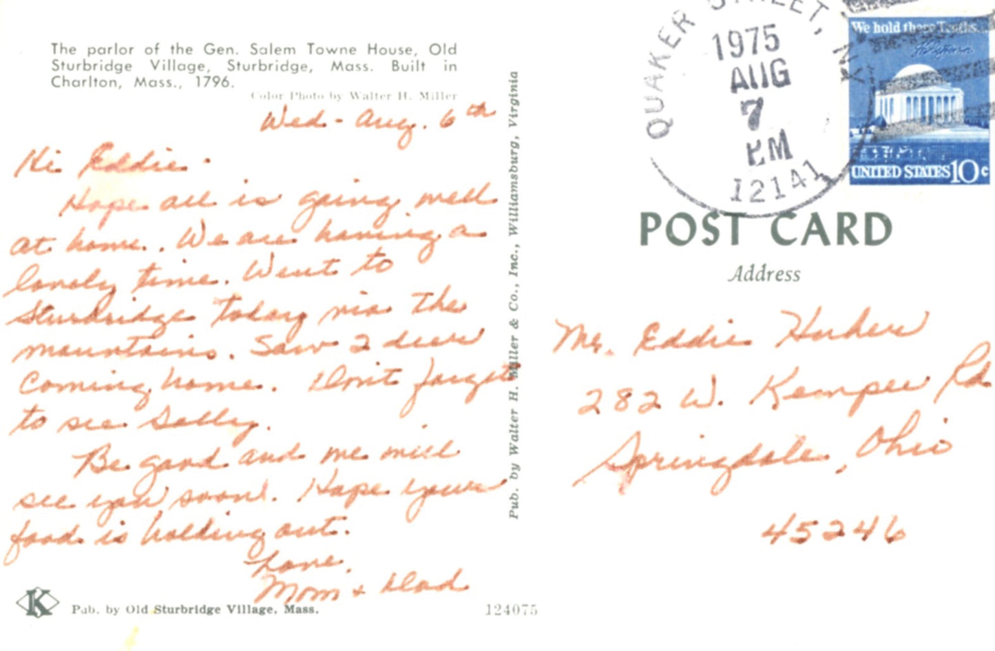 General Salem Towne House Parlor OLD STURBRIDGE VILLAGE MASSACHUSETTS Vintage Postcard