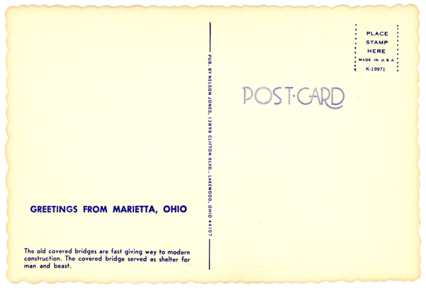 Old Ohio Covered Bridge #2 "Greetings from MARIETTA OHIO Collection" Large Vintage Postcard 4" x 6"