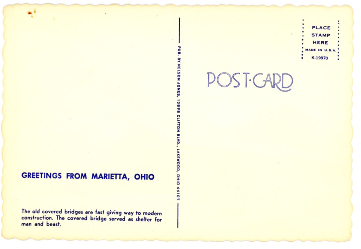 Old Ohio Covered Bridge #3 "Greetings from MARIETTA OHIO" Collection Large Vintage Postcard 4" x 6"