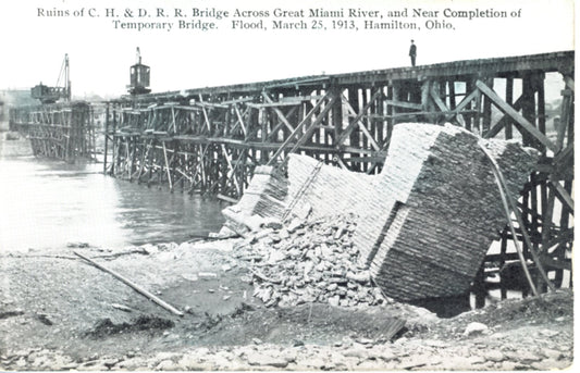 Ruins of Cincinnati, Hamilton and Dayton Railway Bridge Across Great Miami River from Great Flood Disaster of 1913 HAMILTON OHIO Antique Real Photo Postcard