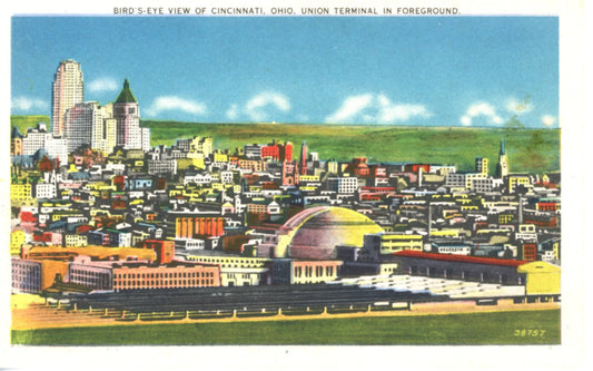 Bird's Eye View of CINCINNATI OHIO Union Terminal in Foreground Vintage Linen Postcard