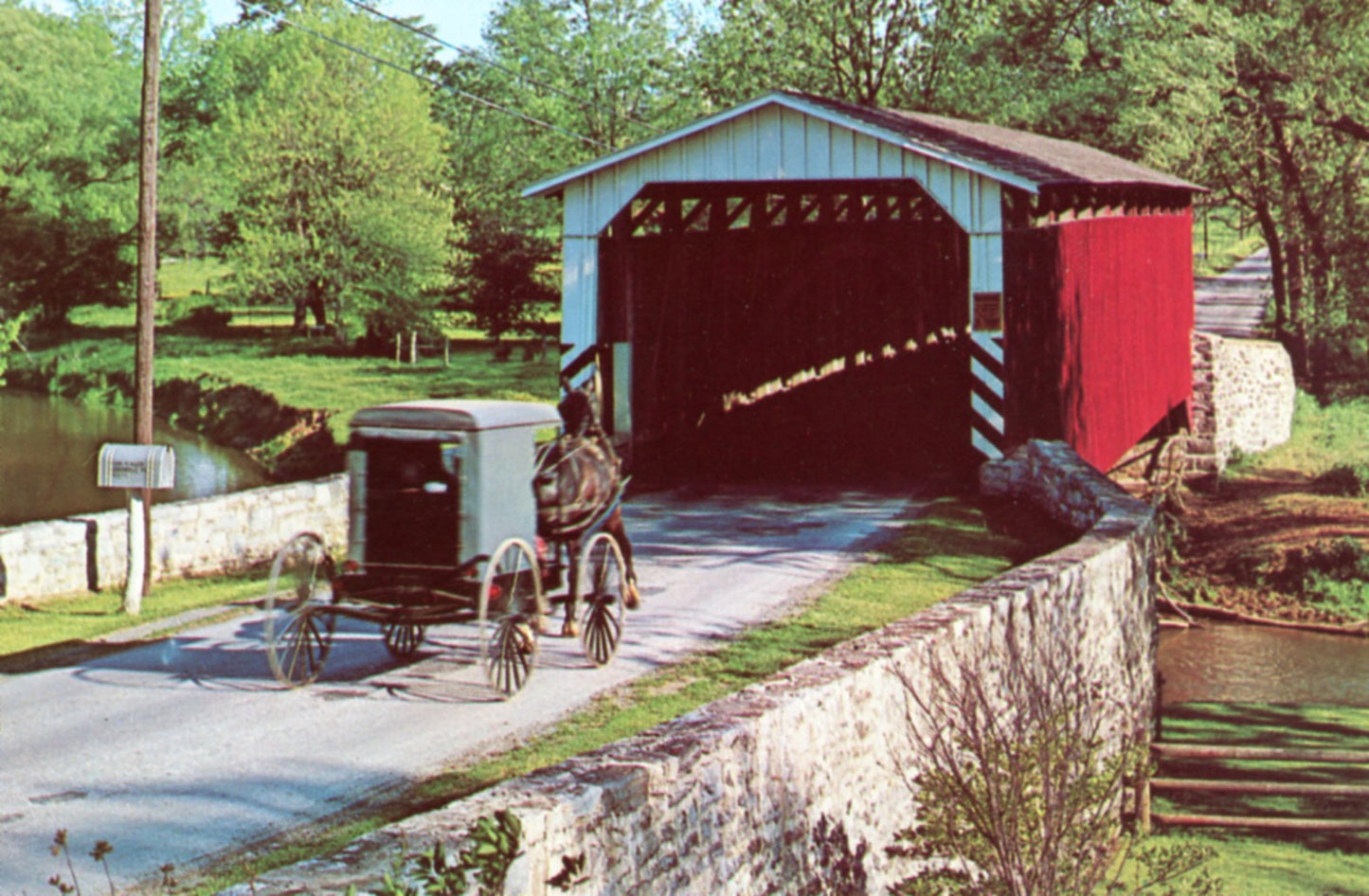 Paradise Covered Bridge and Amish Carriage LANCASTER COUNTY PENNSYLVANIA Vintage Postcard