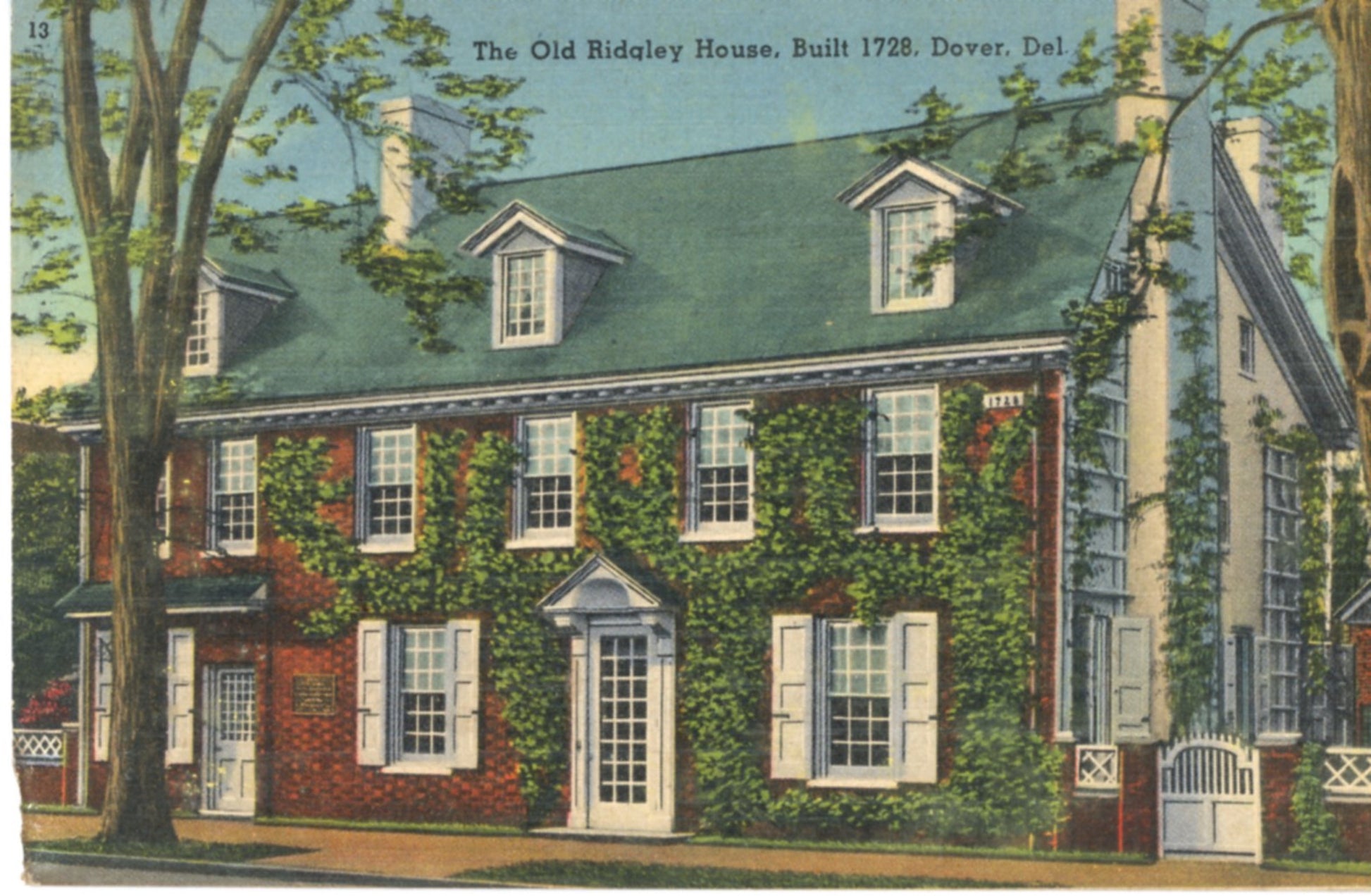The Old Ridgley House Built 1728 DOVER DELAWARE Vintage Linen Postcard