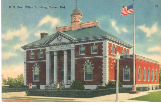 U.S. Post Office Building DOVER DELAWARE Vintage Linen Postcard Circa 1930 - 1945