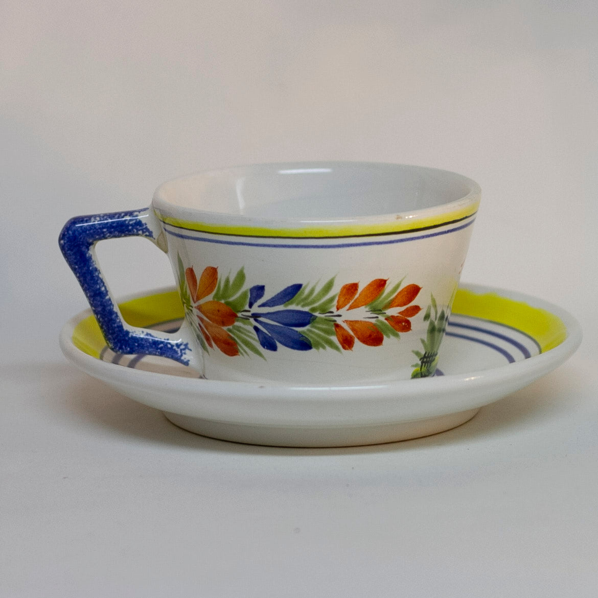 Vintage Hand Painted French Faïence Quimper by HENRIOT White Glaze with Peasant Man FLAT CUP & SAUCER Circa 1968 - 1983