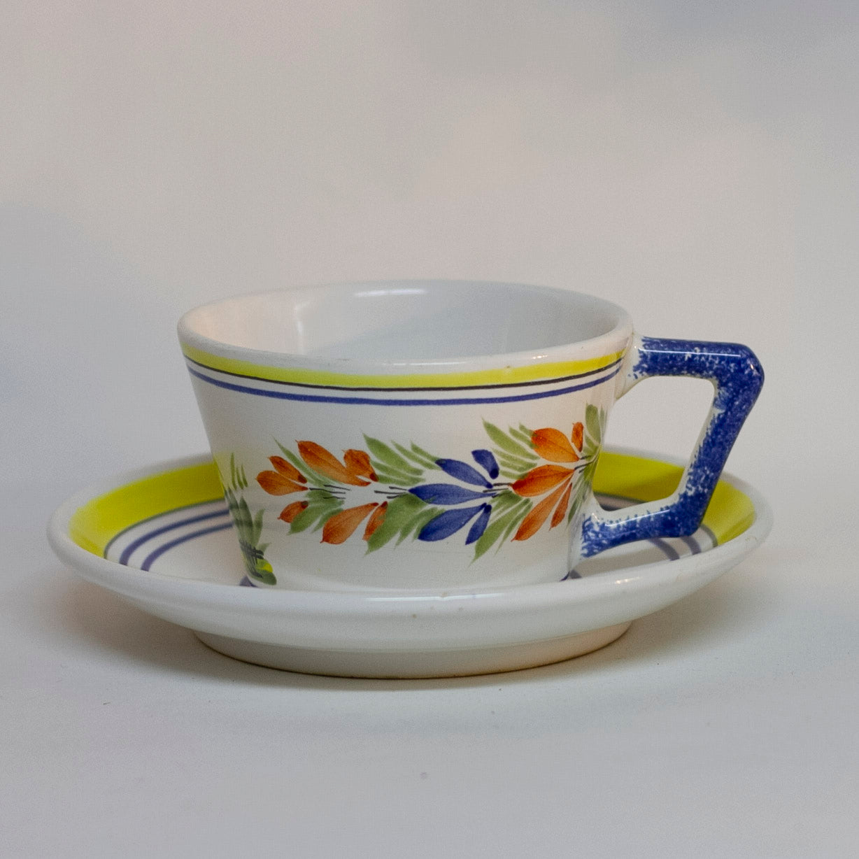 Vintage Hand Painted French Faïence Quimper by HENRIOT White Glaze with Peasant Man FLAT CUP & SAUCER Circa 1968 - 1983