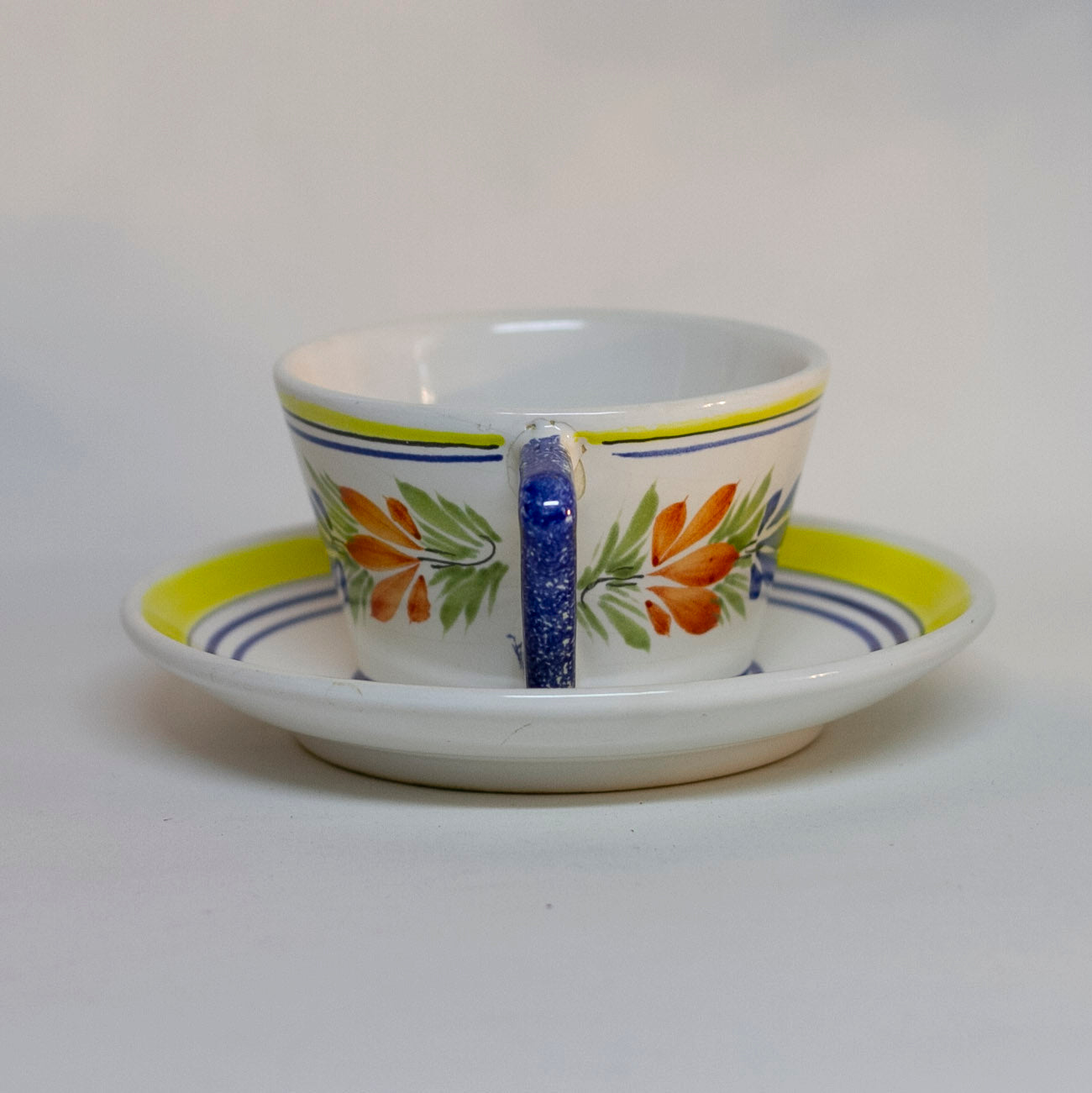 Vintage Hand Painted French Faïence Quimper by HENRIOT(Peasant Man) FLAT CUP & SAUCER Circa 1968 - 1983