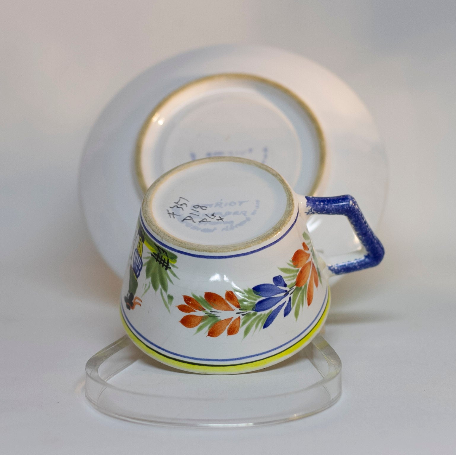 Vintage Hand Painted French Faïence Quimper by HENRIOT White Glaze with Peasant Man FLAT CUP & SAUCER Circa 1968 - 1983