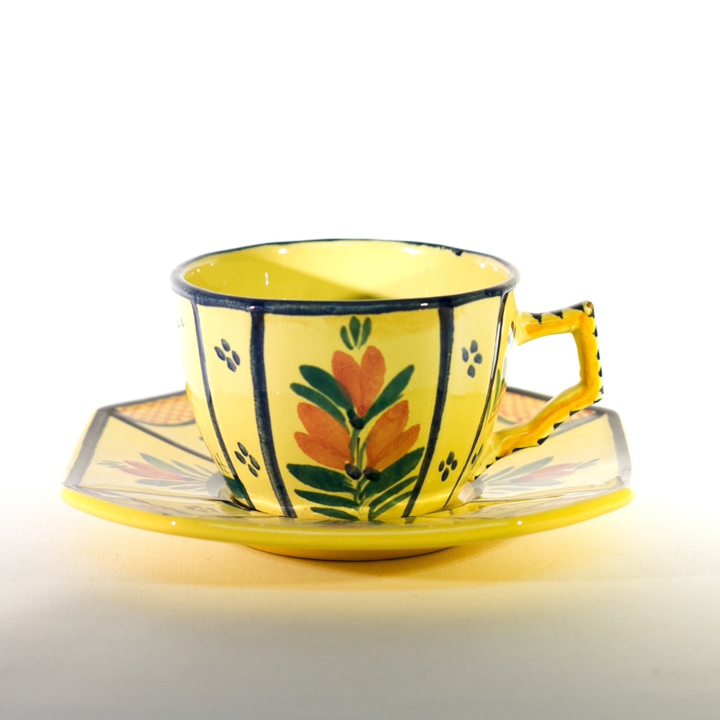 Hand Painted Faïence HB QUIMPER OCTAGONAL TEACUP & SAUCER Circa 1940 - 1960