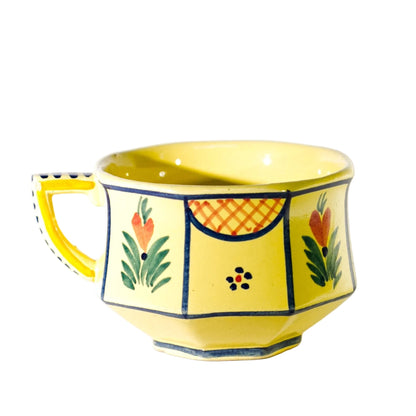 HB Quimper Faïence Flat Cup, Soleil Yellow, Breton Figure Side View