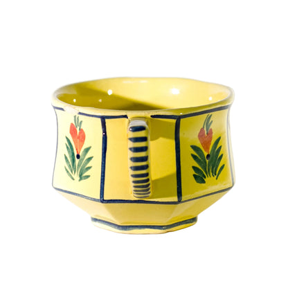 HB Quimper Faïence Flat Cup, Soleil Yellow, Breton Figure Handle Side