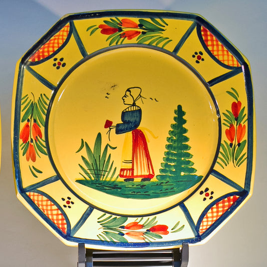 French Faïence QUIMPER OCTAGONAL LUNCHEON PLATE Breton Peasant Lady Circa 1922 - 1942