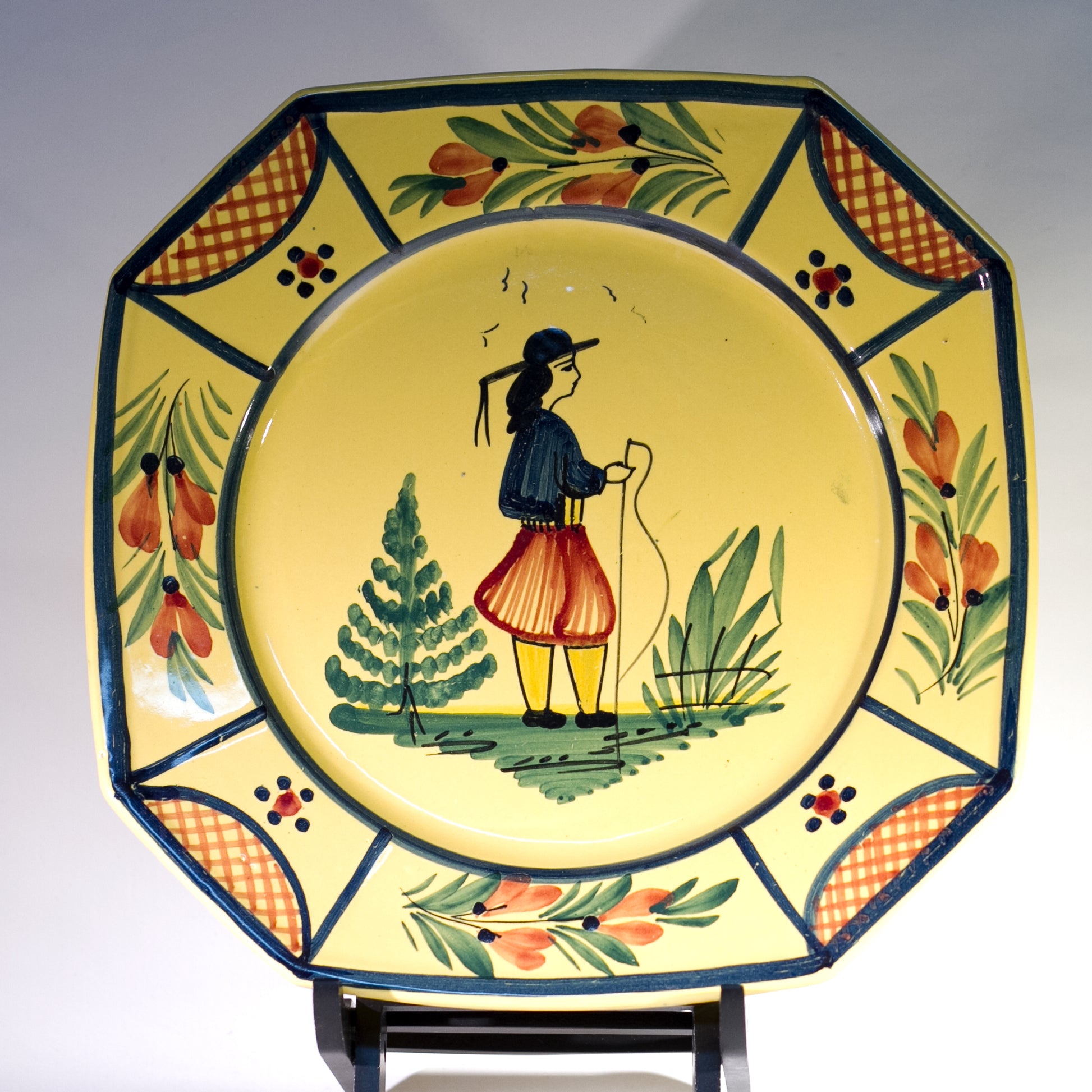 Vintage Hand Painted French Faïence by HB QUIMPER OCTAGONAL DINNER PLATE Peasant Man and Lattice Circa 1922 - 1942