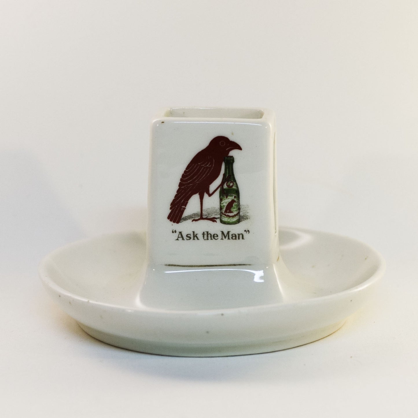 RED RAVEN SPLITS "ASK THE MAN" Porcelain Advertising Double- Logo Match Holder Circa Early 1900s