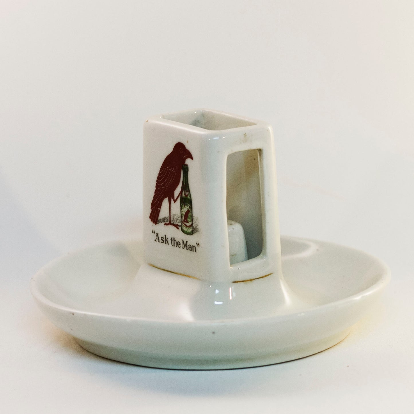 RED RAVEN SPLITS "ASK THE MAN" Porcelain Advertising Double- Logo Match Holder Circa Early 1900s