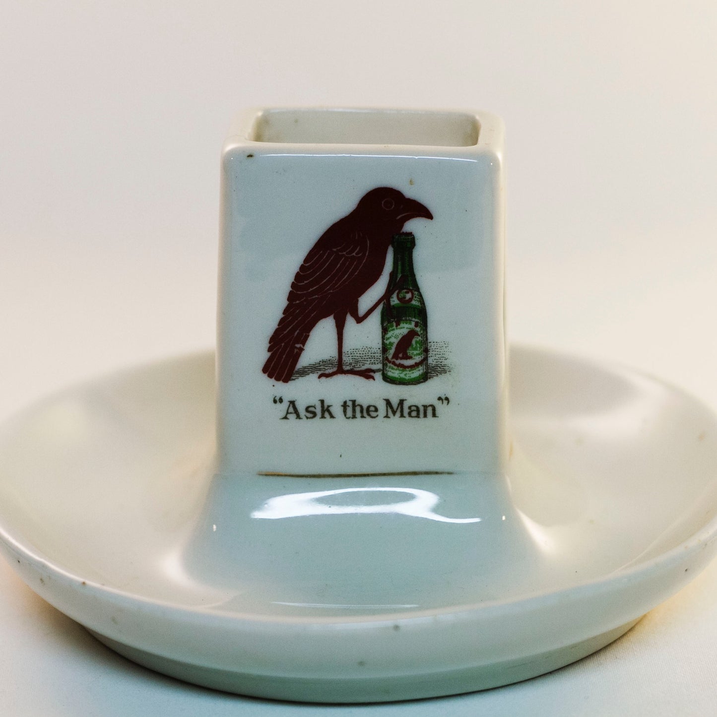 RED RAVEN SPLITS "ASK THE MAN" Porcelain Advertising Double- Logo Match Holder Circa Early 1900s