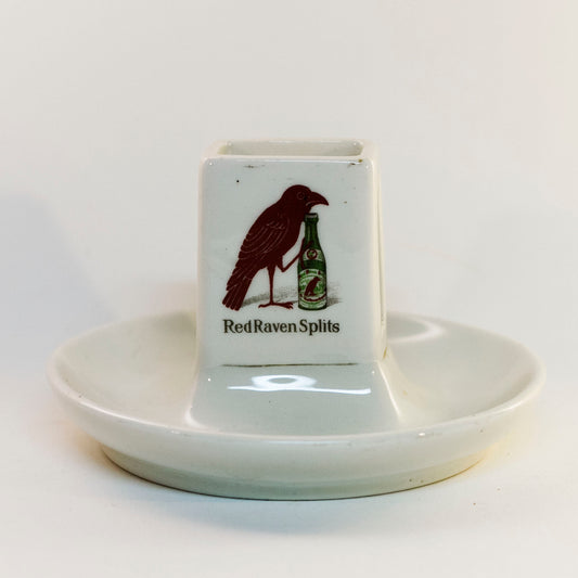 RED RAVEN SPLITS "ASK THE MAN" Porcelain Advertising Double- Logo Match Holder Circa Early 1900s