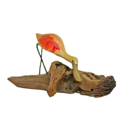Hand Painted and Carved ROSEATE SPOONBILL SHOREBIRD WOOD SCULPTURE Circa 1980s