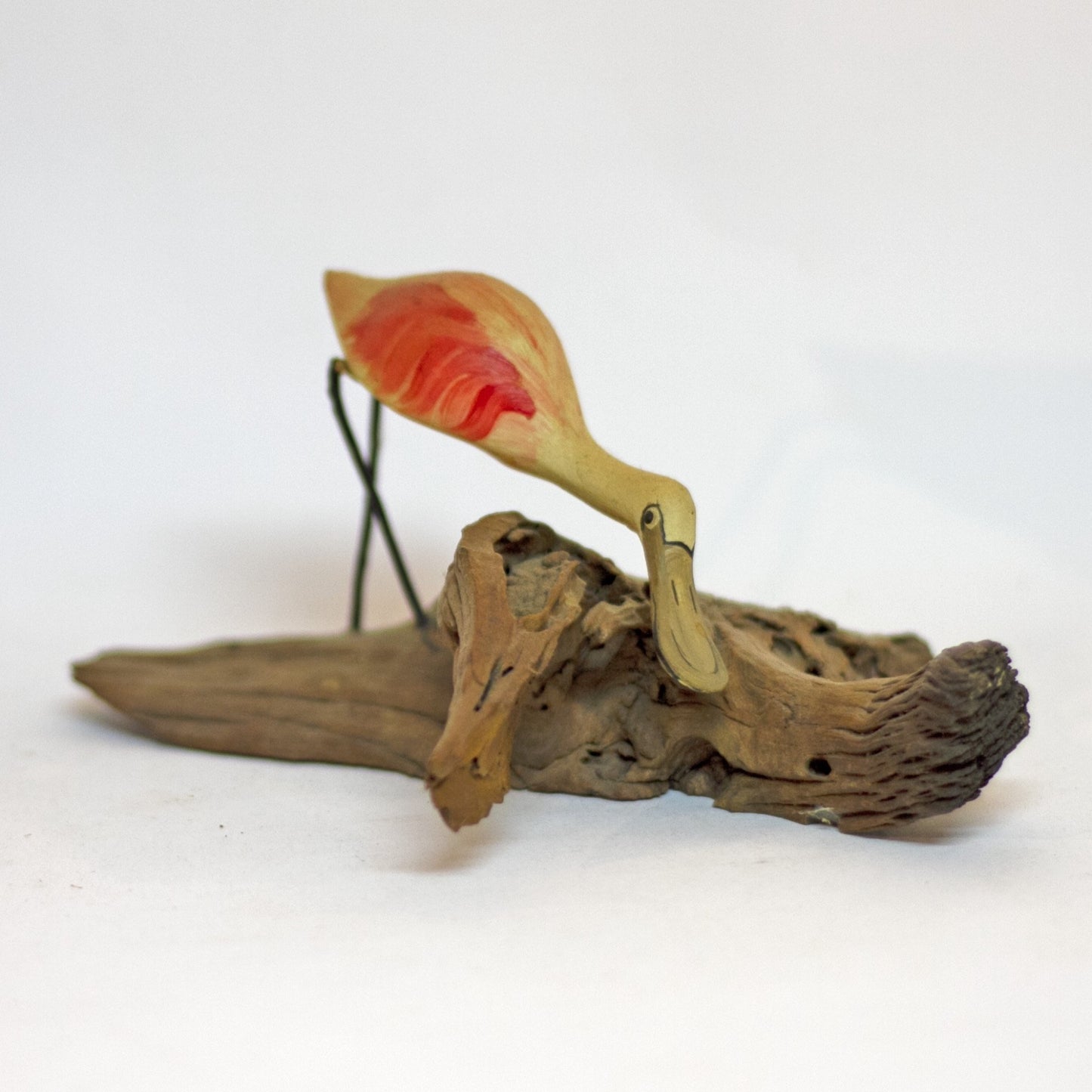 Hand Painted and Carved ROSEATE SPOONBILL SHOREBIRD WOOD SCULPTURE Circa 1980s